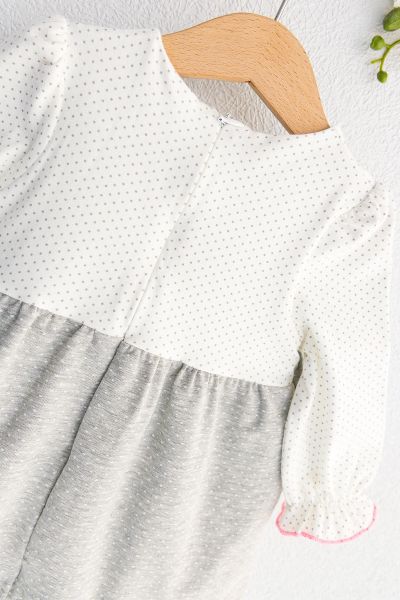 Puantiye Desenli Güpürlü Uzun Kollu Bebek Elbise GRİ - 6 Ay