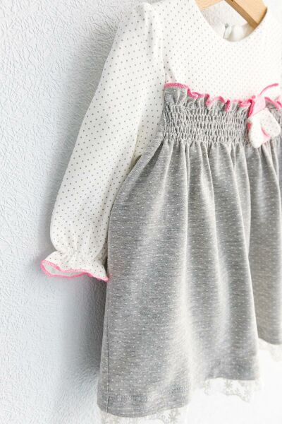 Puantiye Desenli Güpürlü Uzun Kollu Bebek Elbise GRİ - 9 Ay
