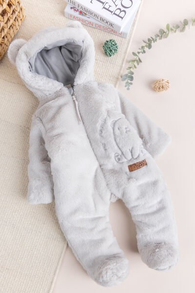 Premium Kalite Peluş  Pamuk Penye Astarlı Ayıcık Fiğürlü Kışlık Kız-Erkek Bebek Tulum BEJ - 3 Ay