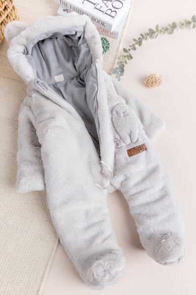 Premium Kalite Peluş  Pamuk Penye Astarlı Ayıcık Fiğürlü Kışlık Kız-Erkek Bebek Tulum BEJ - 3 Ay