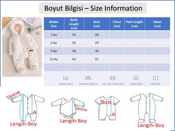 Premium Kalite Peluş  Pamuk Penye Astarlı Ayıcık Fiğürlü Kışlık Kız-Erkek Bebek Tulum BEJ - 3 Ay