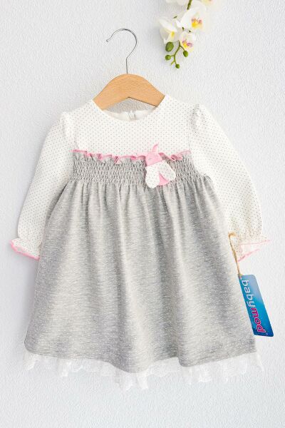 Puantiye Desenli Güpürlü Uzun Kollu Bebek Elbise GRİ - 18 Ay