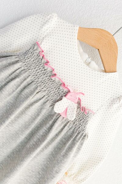 Puantiye Desenli Güpürlü Uzun Kollu Bebek Elbise GRİ - 18 Ay