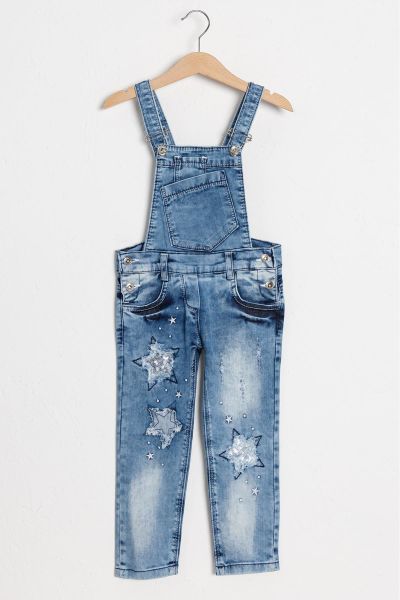 Yıldız İşlemeli Denim Kumaş Kız Çocuk Kot Salopet Tulum