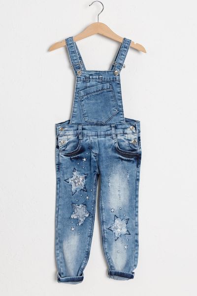 Yıldız İşlemeli Denim Kumaş Kız Çocuk Kot Salopet Tulum
