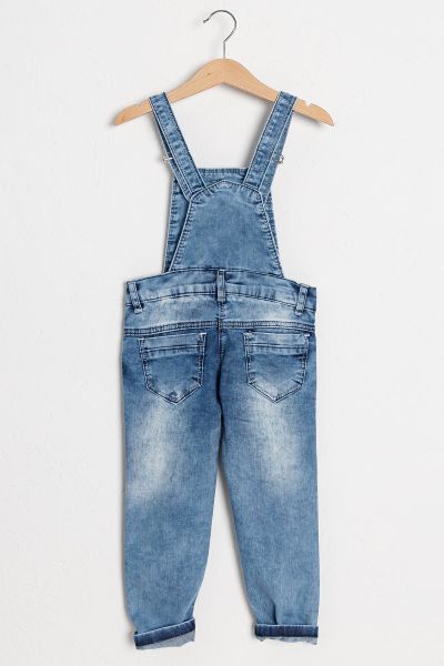 Yıldız İşlemeli Denim Kumaş Kız Çocuk Kot Salopet Tulum