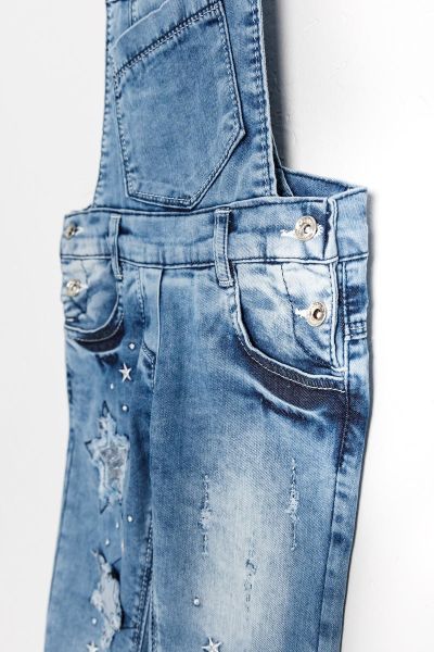Yıldız İşlemeli Denim Kumaş Kız Çocuk Kot Salopet Tulum