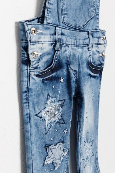 Yıldız İşlemeli Denim Kumaş Kız Çocuk Kot Salopet Tulum