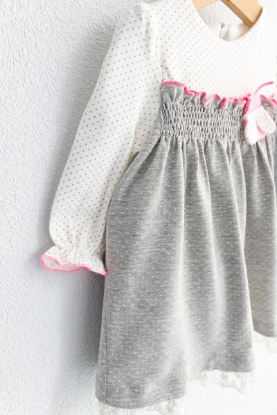 Puantiye Desenli Güpürlü Uzun Kollu Bebek Elbise GRİ - 24 Ay