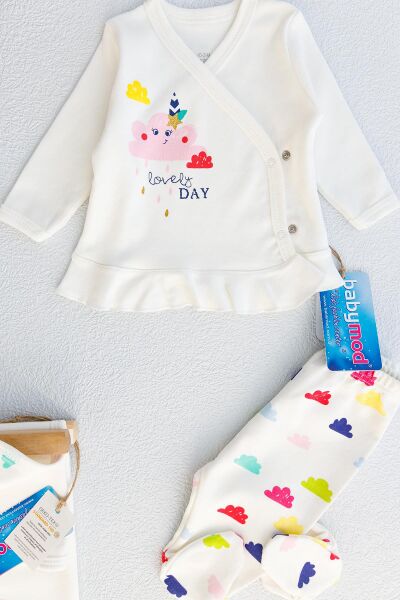 Organik Bulut Desenli Tulumlu 10'lu Kız Bebek Seti Hastane Çıkışı