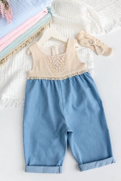 Robalı Bandanalı Kız Bebek Salopet Tulum Takım