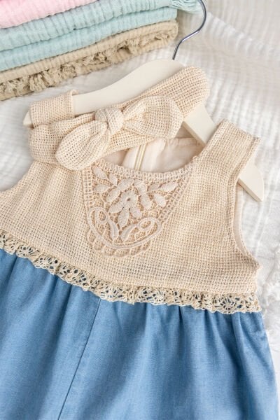 Robalı Bandanalı Kız Bebek Salopet Tulum Takım