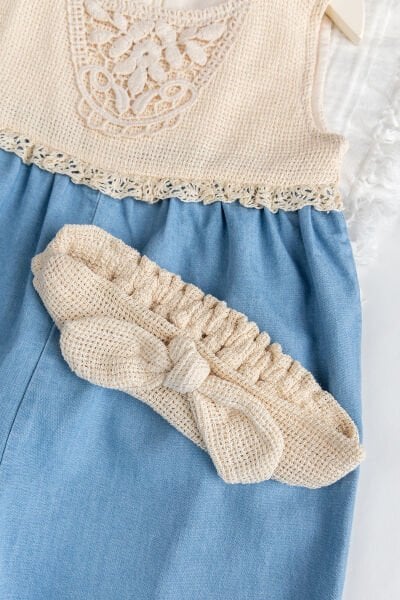 Robalı Bandanalı Kız Bebek Salopet Tulum Takım