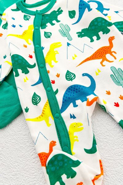 Dino Baskılı İkili Uzun Kollu Erkek Bebek Tulum Takım