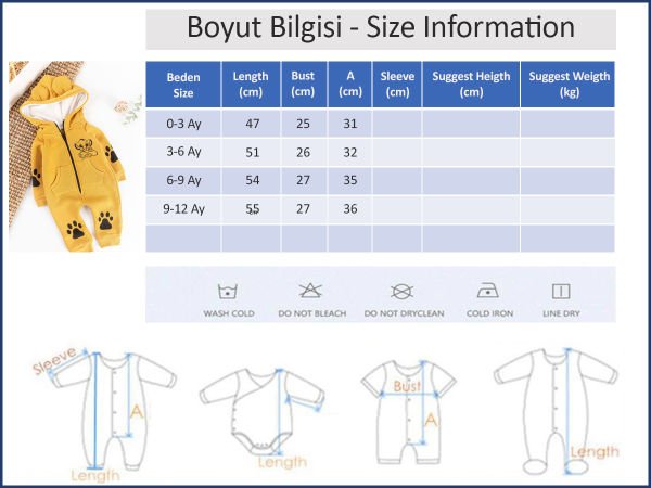 Yavru Aslan Figürlü Kapüşonlu Erkek Bebek Tulum Hardal Sarısı - 3-6 AY