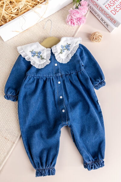 Fistolu Bebe Yaka %100 Pamuk Denim Kız Bebek Kot Tulum