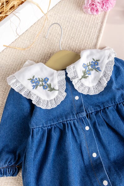 Fistolu Bebe Yaka %100 Pamuk Denim Kız Bebek Kot Tulum