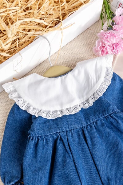 Fistolu Bebe Yaka %100 Pamuk Denim Kız Bebek Kot Tulum