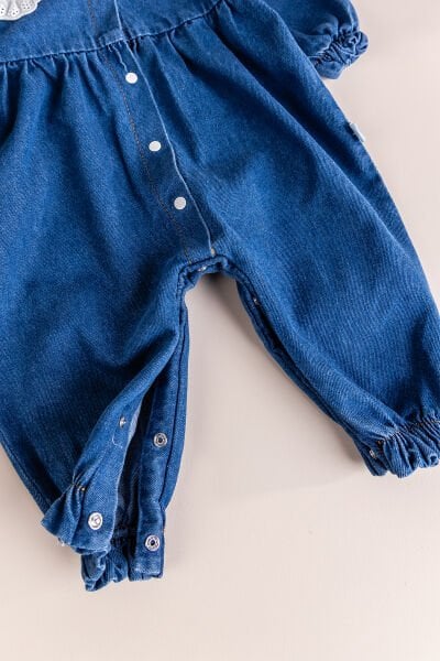 Fistolu Bebe Yaka %100 Pamuk Denim Kız Bebek Kot Tulum