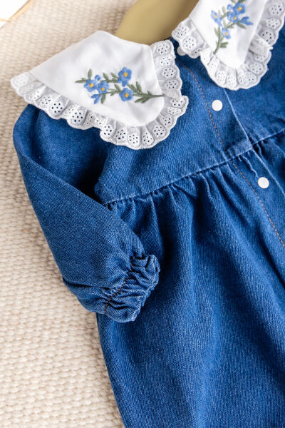 Fistolu Bebe Yaka %100 Pamuk Denim Kız Bebek Kot Tulum