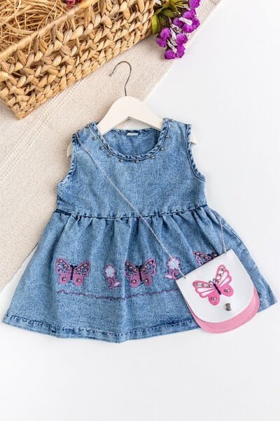 Kelebek İşlemeli Boncuklu Çanta Hediyeli Kız Bebek Kot Elbise Jean Jile