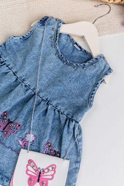 Kelebek İşlemeli Boncuklu Çanta Hediyeli Kız Bebek Kot Elbise Jean Jile