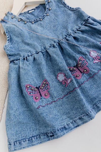 Kelebek İşlemeli Boncuklu Çanta Hediyeli Kız Bebek Kot Elbise Jean Jile