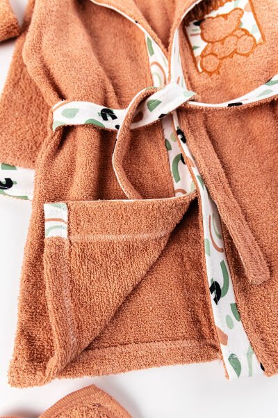 Ayıcık Figürlü 4 Parça Pamuklu Bebek Havlu Bornoz Seti Tarçın  - 0-18 Ay