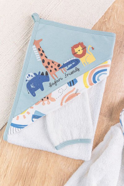 Safari Temalı 4 Parça Pamuklu Bebek Havlu Bornoz Seti SU YEŞİLİ - 0-18 Ay