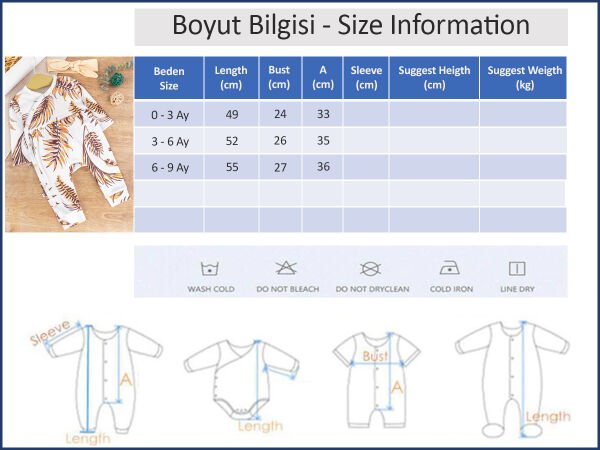 Yaprak Desenli Önden Çıt Çıtlı Bandanalı Kız Bebek Tulum KAHVERENGİ - 3-6 AY