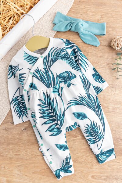 Yaprak Desenli Önden Çıt Çıtlı Bandanalı Kız Bebek Tulum YEŞİL - 3-6 AY