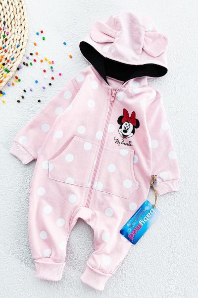 Minnie Mouse Figürlü Kapüşonlu Kız Bebek Tulum PEMBE - 3-6 AY