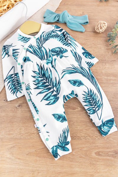 Yaprak Desenli Önden Çıt Çıtlı Bandanalı Kız Bebek Tulum YEŞİL -  6-9 AY