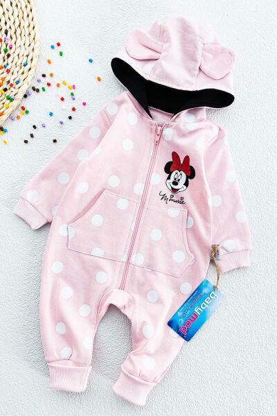 Minnie Mouse Figürlü Kapüşonlu Kız Bebek Tulum PEMBE -  6-9 AY