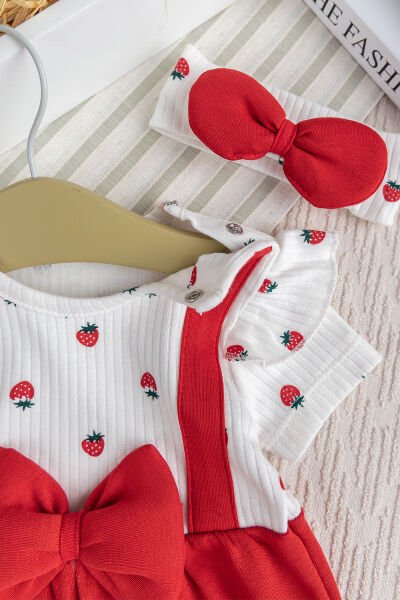 Pamuklu Kız Bebek Yazlık Tulum Takım Set Bandanalı Fiyonklu KIRMIZI -  0-3 AY