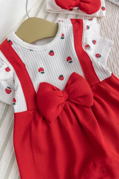 Pamuklu Kız Bebek Yazlık Tulum Takım Set Bandanalı Fiyonklu KIRMIZI - 3-6 AY