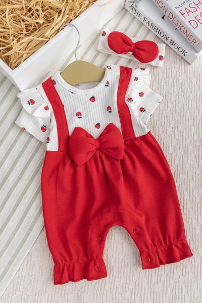 Pamuklu Kız Bebek Yazlık Tulum Takım Set Bandanalı Fiyonklu KIRMIZI - 3-6 AY