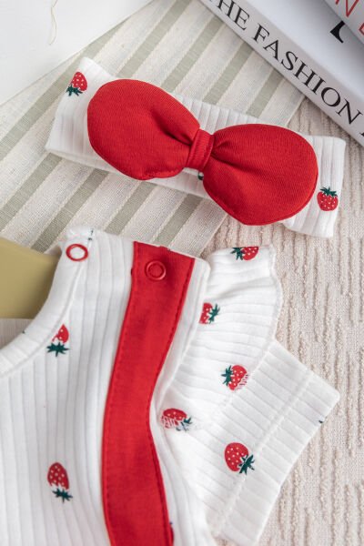 Pamuklu Kız Bebek Yazlık Tulum Takım Set Bandanalı Fiyonklu KIRMIZI -  6-9 AY