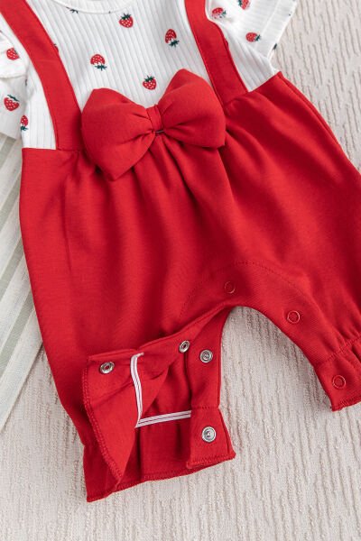 Pamuklu Kız Bebek Yazlık Tulum Takım Set Bandanalı Fiyonklu KIRMIZI -  9-12 AY
