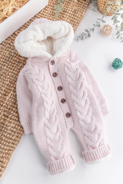 Triko Örme Welsoft Astarlı Kapüşonlu Kışlık Bebek Tulum PEMBE -  0-3 AY