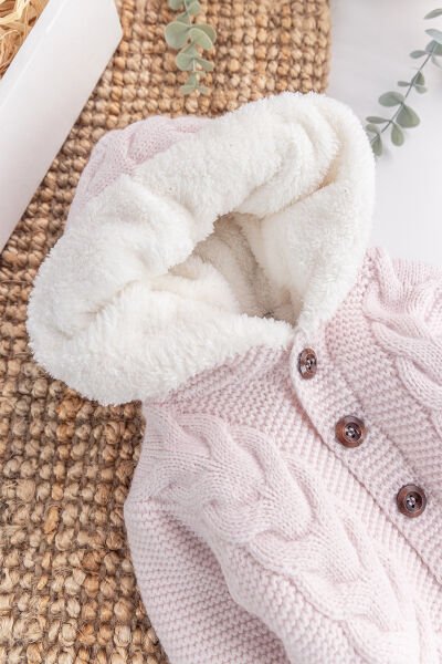 Triko Örme Welsoft Astarlı Kapüşonlu Kışlık Bebek Tulum PEMBE -  6-9 AY