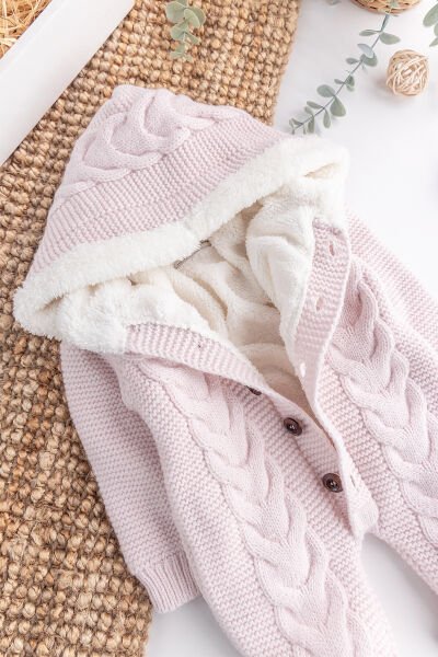 Triko Örme Welsoft Astarlı Kapüşonlu Kışlık Bebek Tulum PEMBE -  9-12 AY