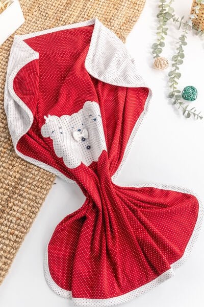 Ayıcık İşlemeli Puantiyeli Çift Katlı Kız/Erkek Bebek Battaniye