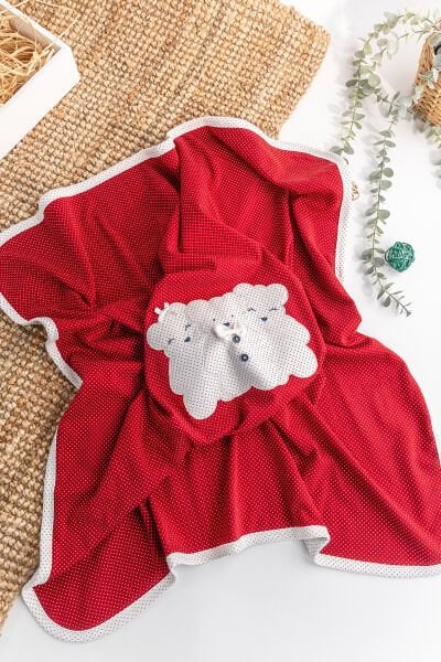 Ayıcık İşlemeli Puantiyeli Çift Katlı Kız/Erkek Bebek Battaniye