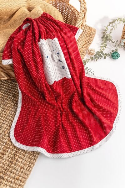 Ayıcık İşlemeli Puantiyeli Çift Katlı Kız/Erkek Bebek Battaniye