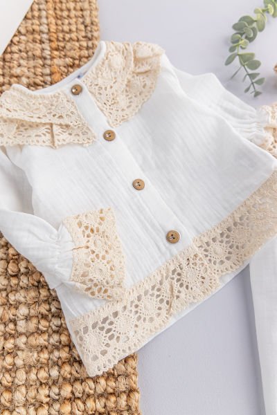 Dantelli Yaka Detaylı 2'li Kız Bebek Takım Alt Üst Bebek Takım KREM -  9-12 AY