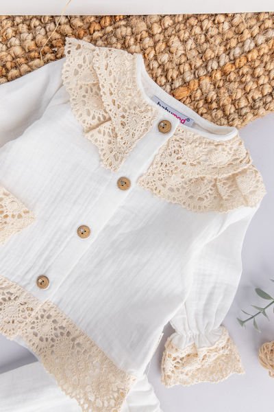Dantelli Yaka Detaylı 2'li Kız Bebek Takım Alt Üst Bebek Takım KREM -  9-12 AY