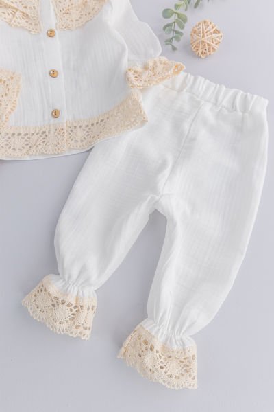 Dantelli Yaka Detaylı 2'li Kız Bebek Takım Alt Üst Bebek Takım KREM -  9-12 AY