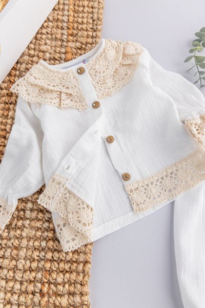 Dantelli Yaka Detaylı 2'li Kız Bebek Takım Alt Üst Bebek Takım KREM -  9-12 AY