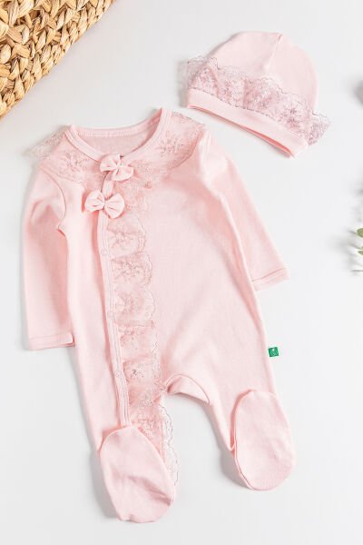 Güpürlü Fiyonklu Kız Bebek Tulum SOMON -  0-3 AY